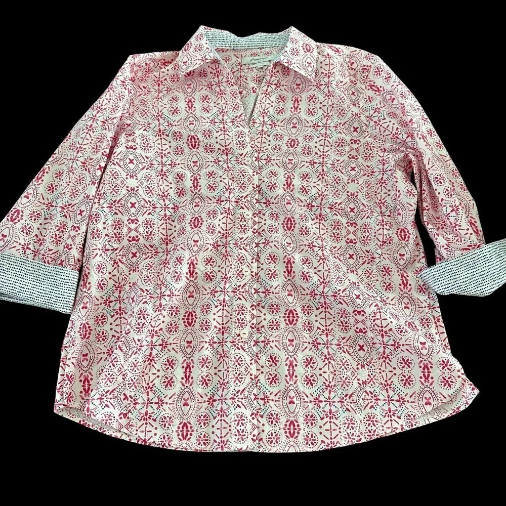 Foxcroft NYC Womens Large Easy Care Button Front Printed Shirt Pink Flip Cuffs L